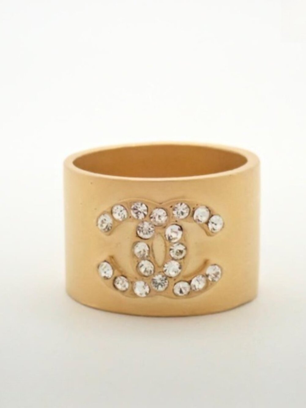 CHANEL Vintage 2001 Crystal CC Wide Band Ring Gold Tone 01A Size 11 / US 6